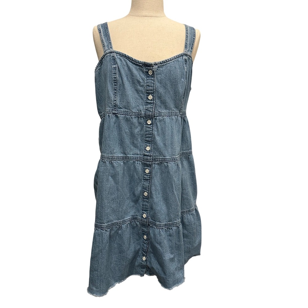 Levis Womens XL Light Wash Denim Tiered Button Front Mini Chore Dress Raw Hem